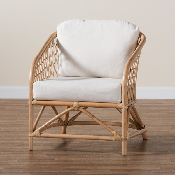 Baxton Studio bali Patsy Modern Bohemian Armchair - Handcrafted Rattan Frame with Plush White Cushions for Comfort DC8038-Rattan-CC