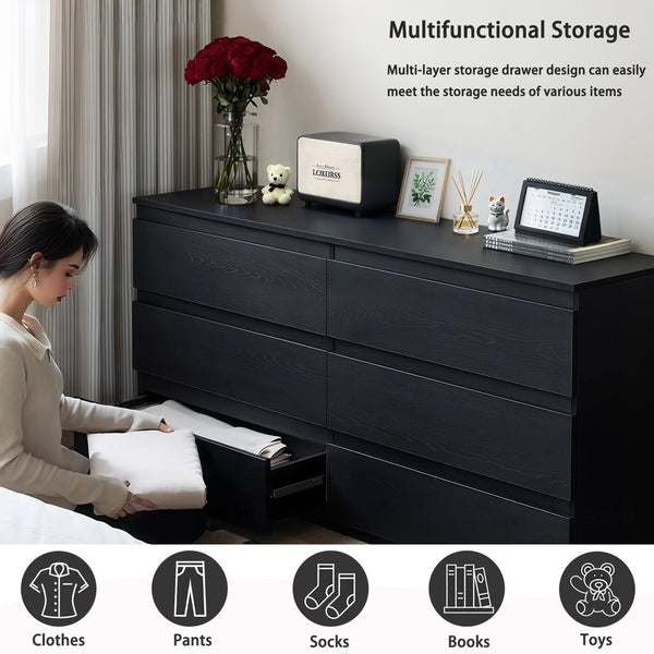 English Elm 6 Drawer Modern Dresser with Concealed Handles, Spacious Top, Durable Wood Storage Cabinet for Bedroom Black W3204P318439