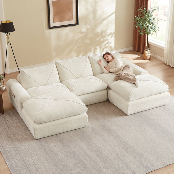 English Elm Modern Chenille Modular Sectional Sofa with Foot Pedals for Living Room Comfort Beige W3396S00066