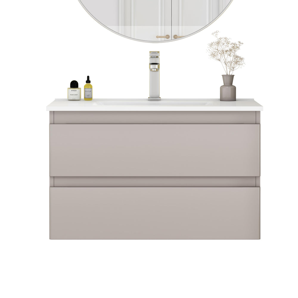 English Elm 32-Inch Wall-Mounted Bathroom Vanity With Soft-Close Drawers, Ceramic Sink & Modern Mocha Gray Finish W3151S00048