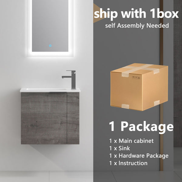 English Elm Bathroom Vanity Ceramic Sink 22" Floating Wall-Mount Vanity with Matte Black Handle and Soft Close Door Plaid Grey Oak W99968776