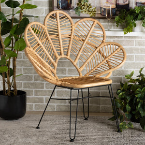 Baxton Studio bali Garan Modern Bohemian Rattan Accent Chair with Black Metal Legs – Stylish & Durable Design Leaf-Rattan-CC