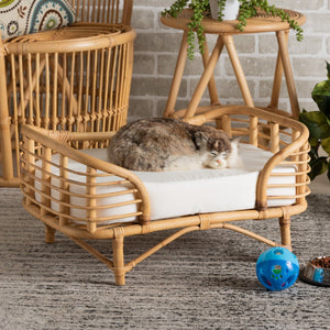 Baxton Studio bali Modern Bohemian Natural Rattan Pet Bed with Cozy Cushion – Stylish Retreat for Small Pets Malino-Rattan-Pet Bed