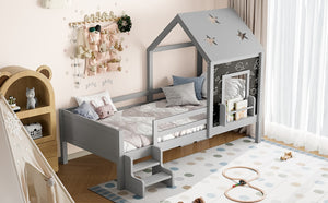 English Elm Full Bunk Bed with Trundle Bookshelf Storage Pine Frame Car Design for Kids Gray W1580S00294