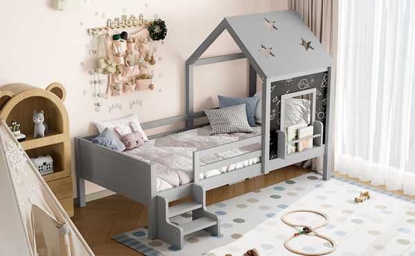 English Elm Full Bunk Bed with Trundle Bookshelf Storage Pine Frame Car Design for Kids Gray W1580S00294