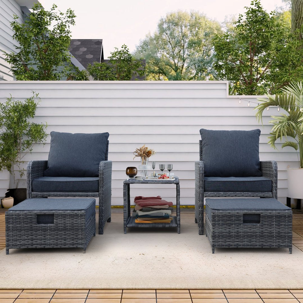 English Elm 5 Pieces Wicker Patio Furniture Set Grey PE Rattan 2 Chairs 2 Ottomans + Table Waterproof Cushions W813P283082