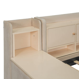 English Elm Twin Upholstered Daybed with Velvet Finish, High Back Shelves, Flip Cabinets, Drawers & Side Table Beige SF000196AAA