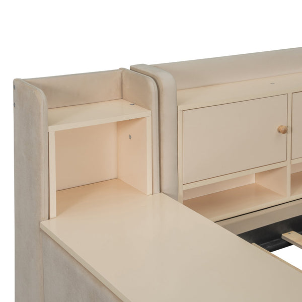 English Elm Twin Upholstered Daybed with Velvet Finish, High Back Shelves, Flip Cabinets, Drawers & Side Table Beige SF000196AAA