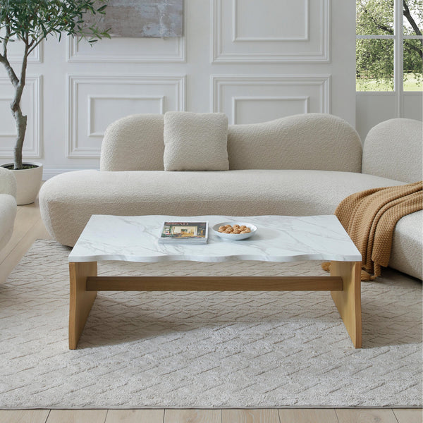 English Elm 47.24" Whisper Of Waves Modern Coffee Table - Sculptural Faux Marble Design With Warm Wood Base W2664P346444