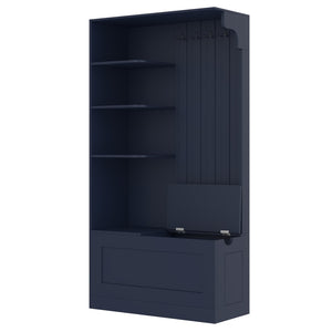 English Elm Multifunctional Modular Hall Tree Cabinet with Open Shelves and Hooks for Entryway Antique Blue W1580S00520