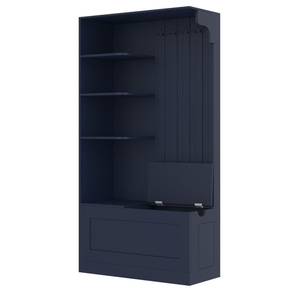 English Elm Multifunctional Modular Hall Tree Cabinet with Open Shelves and Hooks for Entryway Antique Blue W1580S00520