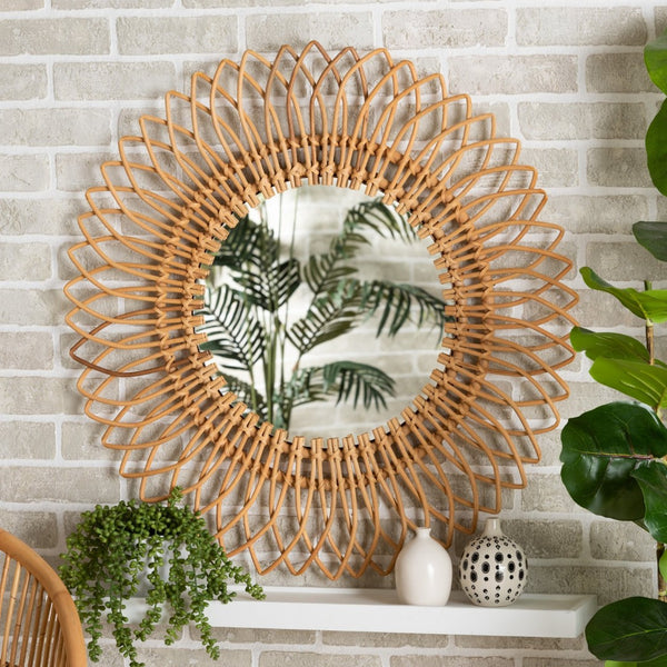 Baxton Studio bali Handcrafted Rattan Accent Wall Mirror - Modern Bohemian Decor for Coastal & Eclectic Spaces Bora-Rattan-Mirror