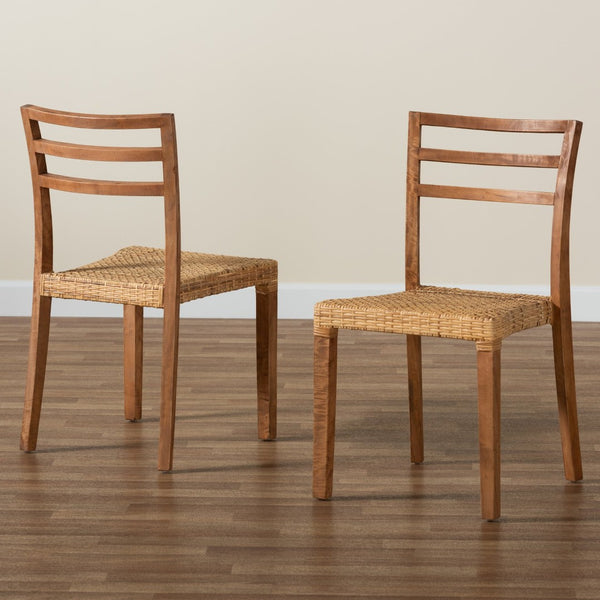 Baxton Studio bali Arthur Mid-Century Modern Dining Chair Set - 2-Piece Walnut Mahogany & Natural Rattan Design Arthur-Teak-DC