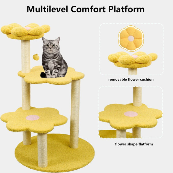 English Elm Cat Tree Daisy Floral Multi Level Climbing Tower with Sisal Posts and Plush Perch Yellow W243P451495