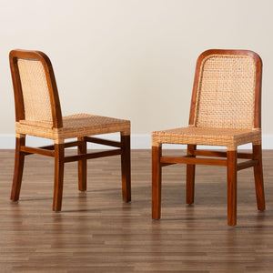 Baxton Studio bali Caspia Mid-Century Modern Dining Chair Set - 2 Solid Mahogany & Natural Rattan Chairs, Fully Assembled Caspia-Teak-DC