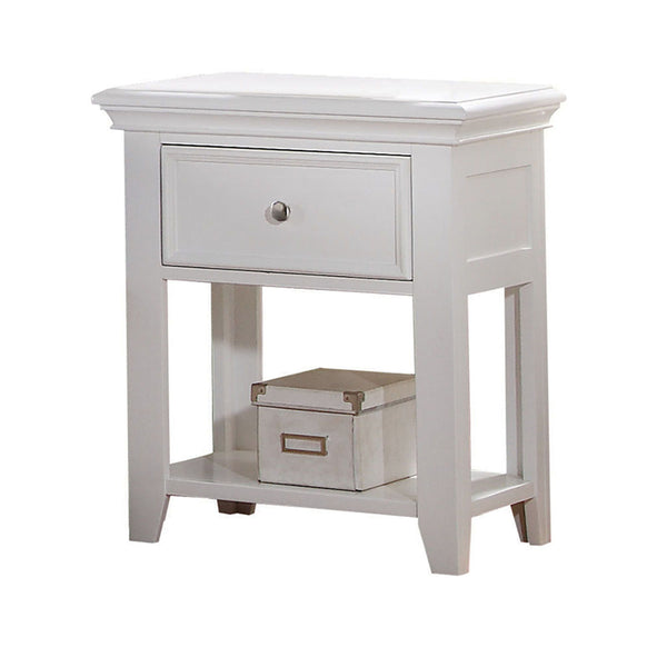 English Elm White Transitional Nightstand with Drawer and Bottom Shelf, Pine Construction, Bright White Finish for Versatile Bedroom Styling B062P186501