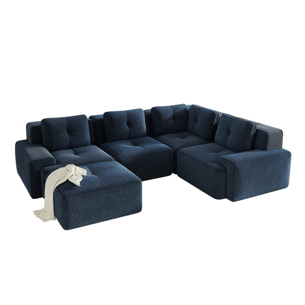 English Elm Modern Corduroy Sectional Sofa Deep Seat V Shape Tufted Couch with Movable Ottoman Blue W714S01579