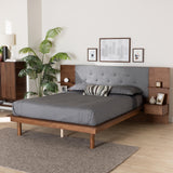 Baxton Studio Eliana Mid-Century Modern Transitional Grey Fabric and Ash Walnut Finished Wood King Size Platform Storage Bed with Built-In Nightstands