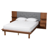 Baxton Studio Eliana Mid-Century Modern Transitional Grey Fabric and Ash Walnut Finished Wood King Size Platform Storage Bed with Built-In Nightstands