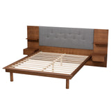 Baxton Studio Eliana Mid-Century Modern Transitional Grey Fabric and Ash Walnut Finished Wood King Size Platform Storage Bed with Built-In Nightstands