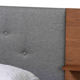 Baxton Studio Eliana Mid-Century Modern Transitional Grey Fabric and Ash Walnut Finished Wood King Size Platform Storage Bed with Built-In Nightstands