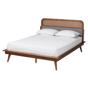 Baxton Studio Irina Mid-Century Modern Grey Fabric and Ash Walnut Finished Wood King Size Platform Bed