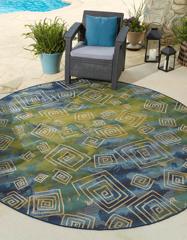 Unique Loom Outdoor Modern Vortex Machine Made Bohemian Rug Blue, Beige/Green/Navy Blue 8' 0" x 8' 0"