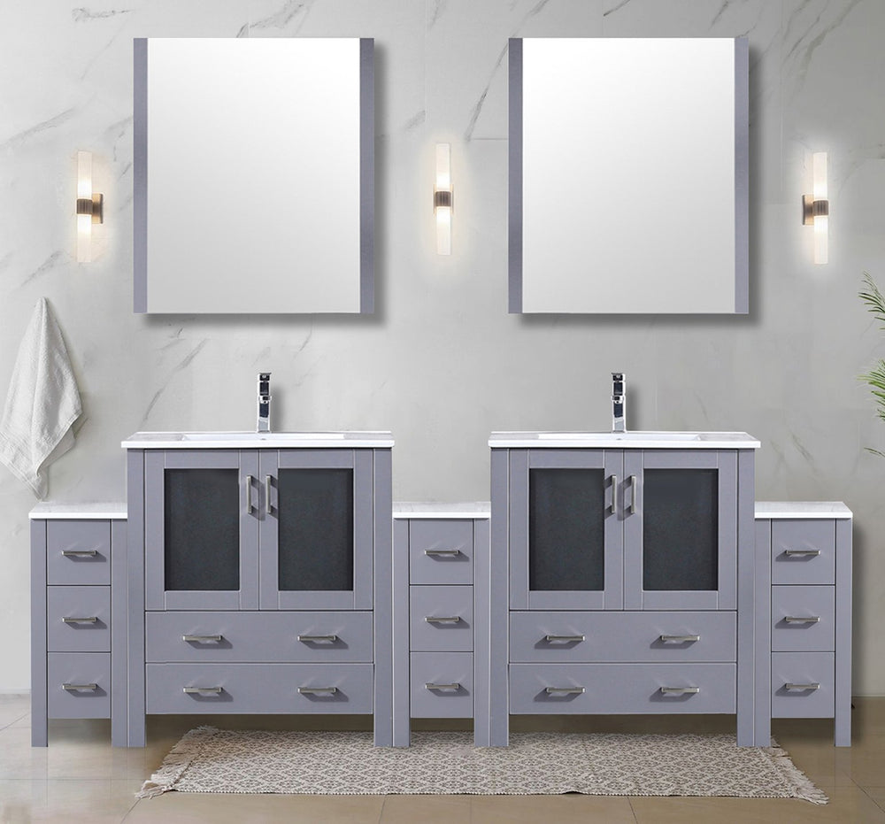 English Elm Dark Grey Double Bath Vanity 96" W with Side Cabinets, White Ceramic Top, Mirrors & Chrome Faucet Set B2731S01224