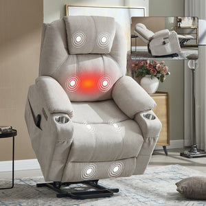 English Elm Up to 350 Lbs Chenille Power Lift Recliner with Massage Heating and Usb Charging Ports Beige W3224S00027
