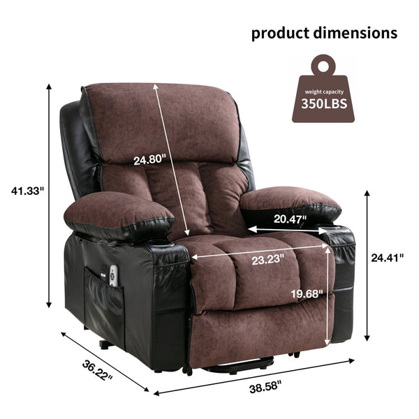 English Elm Power Lift Recliner Chair with Massage Heating Fleece Leather and Usb for Elderly Black+Brown W1807P299421