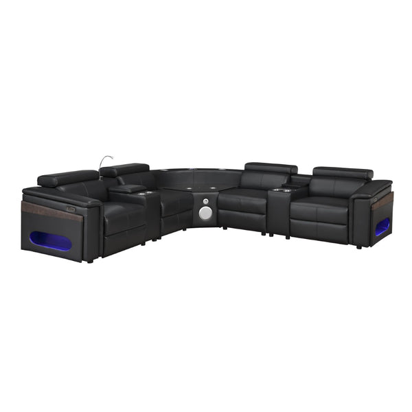 English Elm Nova Tech Sectional with Led Bar Bluetooth Speakers Power Recliners and Freezer Console Black B009S02165