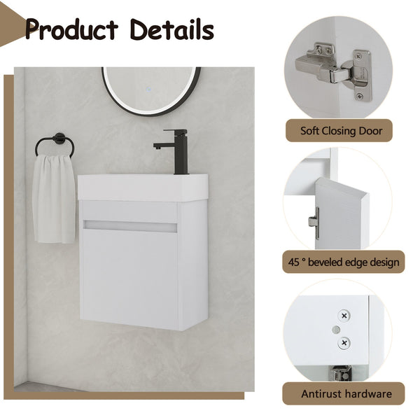 English Elm 18'' Floating Wall Vanity with Resin Sink, Open Shelf Storage, Eco-Friendly Plywood, Soft-Close Door White Straight Grain W99936243