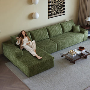 English Elm 135" Cloud Sectional Couch - Cozy Modular L-Shape Sofa With Reversible Chaise In Plush Green Fabric W2824S00125