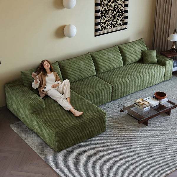 English Elm 135" Cloud Sectional Couch - Cozy Modular L-Shape Sofa With Reversible Chaise In Plush Green Fabric W2824S00125