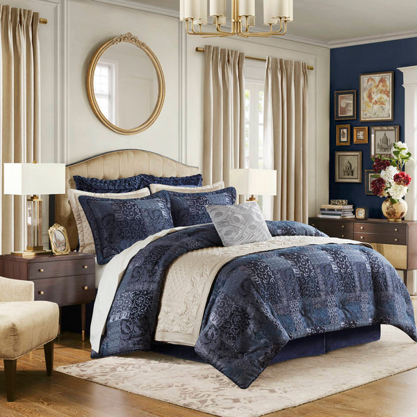 English Elm 4 Cal King Comforter Set - Luxurious Chenille Jacquard Bedding with Cozy 8oz Fill, Decorative Shams & Bedskirt Navy 23.62 L x 20.47 W x 14.96 H B035P366518