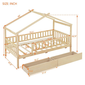 English Elm Twin House Bed Pine Wood Frame with Storage Drawers Kids Bedroom Playful Design Natural WF302181AAN