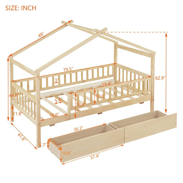 English Elm Twin House Bed Pine Wood Frame with Storage Drawers Kids Bedroom Playful Design Natural WF302181AAN