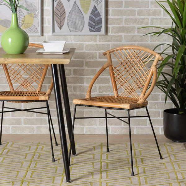 Baxton Studio bali Pro Modern Bohemian 2-Piece Dining Chair Set in Natural Rattan & Black Metal - Fully Assembled! Pro-Rattan/Black-DC