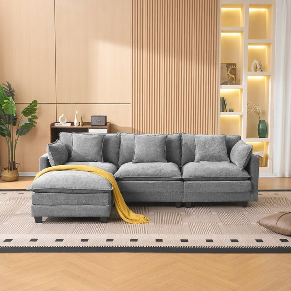 English Elm Beige Chenille Sectional Sofa with Modular Ottoman for Living Room or Studio Gray W2603S00008