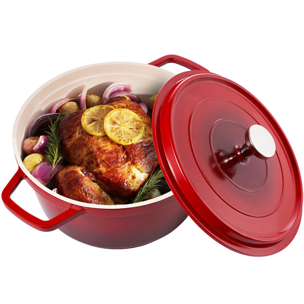 English Elm Lightweight 5 Qt Dutch Oven With Lid - Nonstick Enameled Cast Aluminum Pot For Versatile Cooking, Red T3950P399487