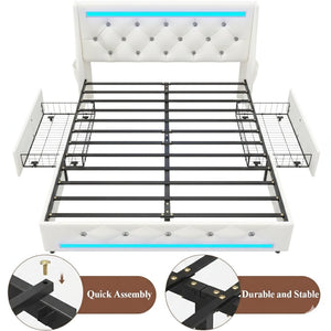English Elm Queen Platform Bed Wingback Diamond Quilted Headboard Led Lighting Storage Drawers White W5722P462686