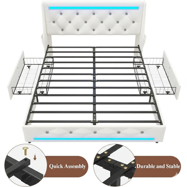 English Elm Queen Platform Bed Wingback Diamond Quilted Headboard Led Lighting Storage Drawers White W5722P462686