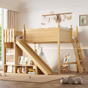 English Elm Full Loft Bed With Fun Slide, Storage Shelves, Solid Wood Design For Kids' Cozy Room Setup W1580S00247