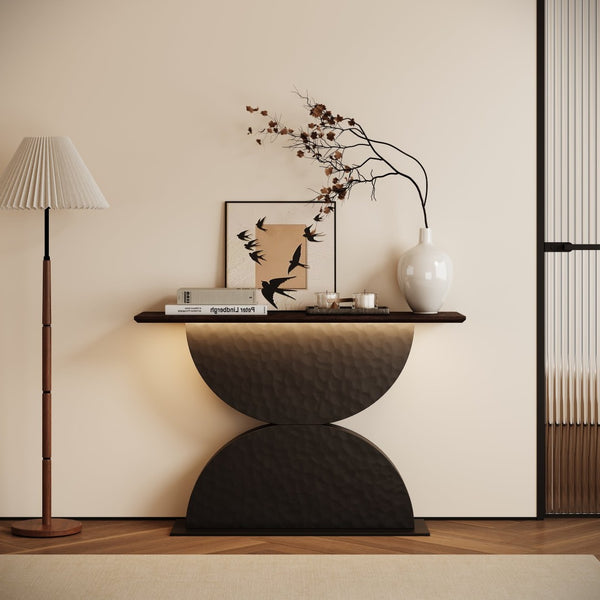 English Elm 47''double Semi-circle Console Table with Led Lighting and Sculptural Hammered Wood Base W2263P395491
