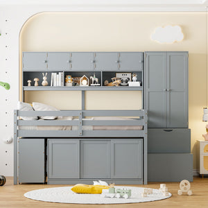 English Elm Full Size Gray Loft Bed with Rolling Desk Wardrobe Staircase and Headboard Shelving LT000852AAE