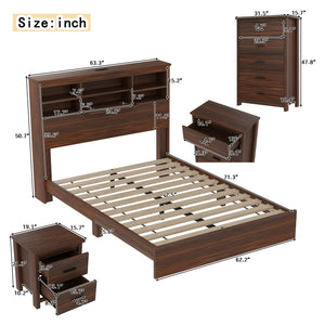 English Elm 4PCS Queen Bedroom Set with Storage Headboard & Built‑In Charging Station, 2 Nightstands, Dresser Walnut 54.25 L x 18.75 W x 9.25 H N733S307937W
