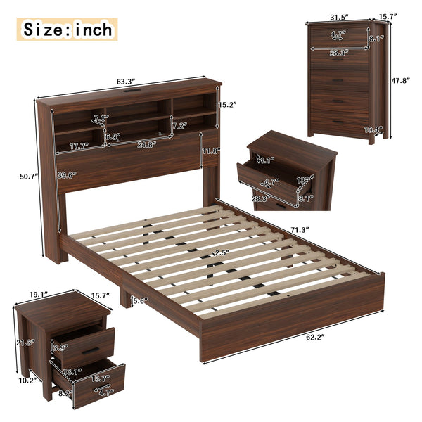 English Elm 4PCS Queen Bedroom Set with Storage Headboard & Built‑In Charging Station, 2 Nightstands, Dresser Walnut 54.25 L x 18.75 W x 9.25 H N733S307937W