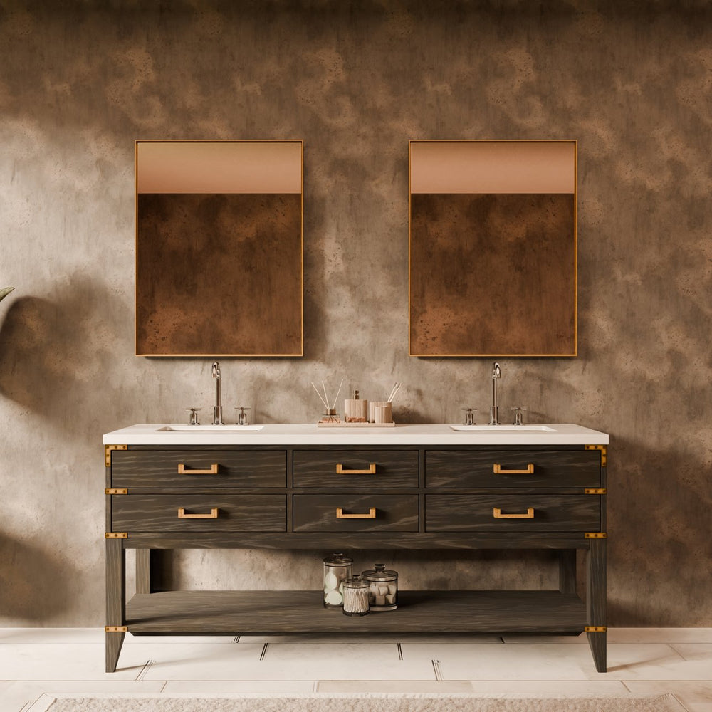 English Elm Black Oak Double Bath Vanity 72" W X 22" D With Elegant White Quartz Top & Ample Storage Space B2731P261047