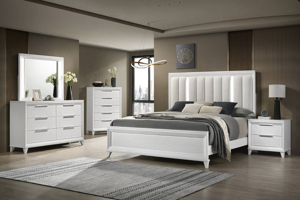 English Elm Contemporary King Bedroom Set with Led Headboard Upholstered Cushion and White Wood Frame B2741S00105