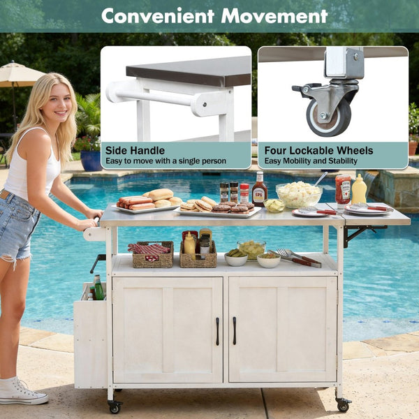 English Elm Foldable Outdoor Kitchen Cart with Stainless Worktop Fir Wood Frame and Lockable Wheels White N719P380279K